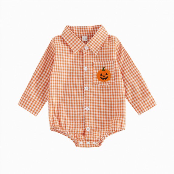 Enyan Newborn Baby Boy Halloween Clothes Plaid Polo Shirt Long Sleeve Pumpkin Print Romper Cute Collared Bodysuit(Orange,0-3 Months)