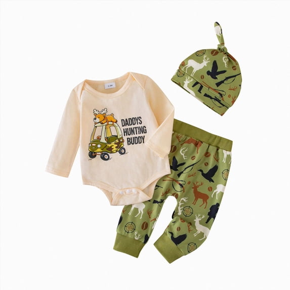 Enyan Newborn Baby Boy Outfits Long Sleeve Crewneck Romper+Camo Deer Pants+Hat Set 3PCS Infant Hunting Clothes(Size 3-6 Months)