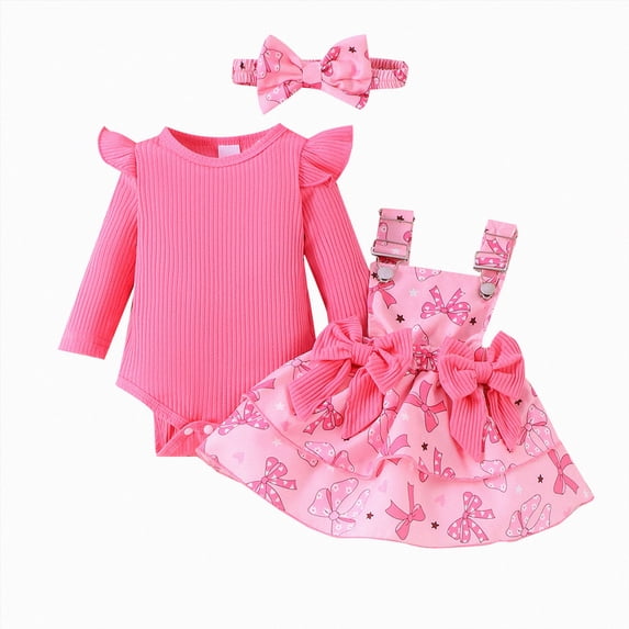 Enyan Newborn Baby Girl Fall Winter Clothes Long Sleeve Romper Top+Suspender Dress+Headband 3-Piece Set Infant Cute Casual Outfits Hot Pink,0-3 Months