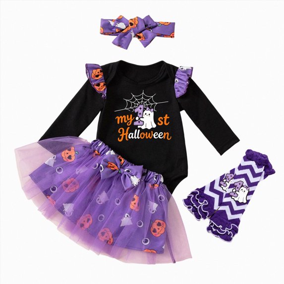 Enyan Newborn Baby Girl Halloween Outfit 4-Piece Toddler Girls Clothes Pumpkin Shirt Tutu Skirt Headband Leg Warmer Set