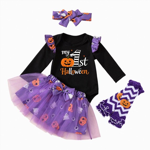 Enyan Newborn Baby Girl Halloween Outfit 4-Piece Toddler Girls Clothes Pumpkin Shirt Tutu Skirt Headband Leg Warmer Set