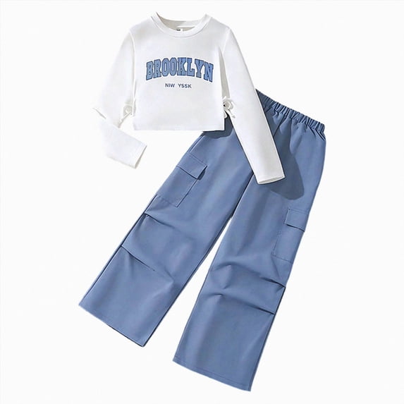 Enyan Teen Girl Clothes Tween Girl 2-Piece Outfits Long Sleeve T-Shirt Top+Cargo Pant 2Pcs Fall Winter Set