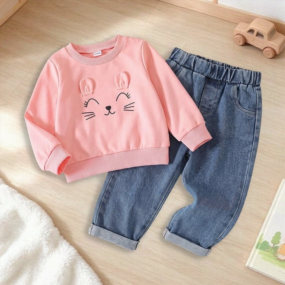 Enyan Toddler Baby Girl Clothes Fall Winter Baby Girl Outfit Cute Crewneck Sweatshirt Jeans Pants Set