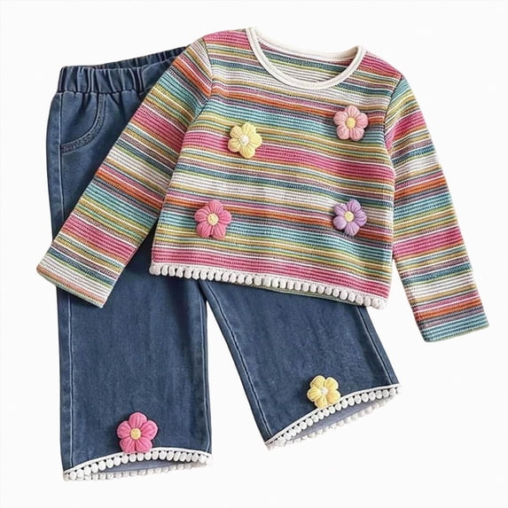 Enyan Toddler Baby Girl Clothes Fall Winter Baby Girl Outfit Floral Crewneck Sweatshirt Bell Bottom Jeans Pants Set