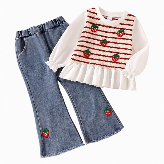 Enyan Toddler Baby Girl Clothes Fall Winter Baby Girl Outfit Strawberry Crewneck Sweatshirt Bell Bottom Jeans Pants Set
