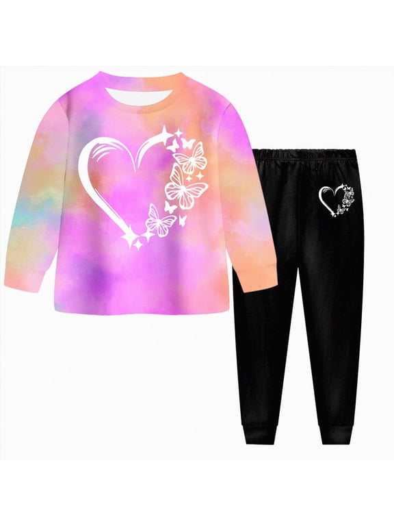 Toddler Girl Fall Clothes Size 2T 3T 4T 5T 6T 7T 8T 9T Floral/Heart Tie Dye Top and Legging Pant 2-Piece Set Kid Girls Winter Outfits Purple,7-8 Years