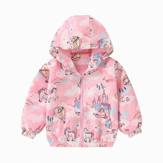 Enyan Toddler Girls Lightweight Kids Windbreaker Jacket Hooded Printed Water Resistant Jacket