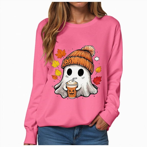 Enyan Womens Halloween Shirts Spooky Season Long Sleeve Ghost Graphic Shirt Fall Pumpkin Tops Halloween Shirt Women Hot Pink,XL