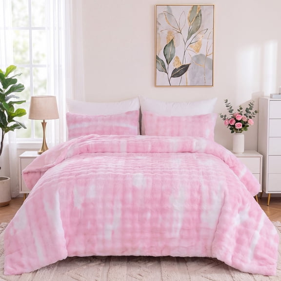 Enyhom 3Pcs Faux Rabbit Fur Comforter Set Twin Girls Pink Bedding Set Tie-Dyeing Soft Comforter Set Warm Fuzzy(68"x90")