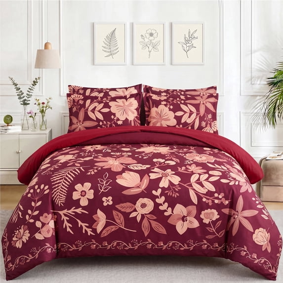 Enyhom 7Piece Red Floral Comforter Set King Size, Bed in a Bag Botanical Flower Comforter Soft Reversible Bedding Set for Adults 90"x104"