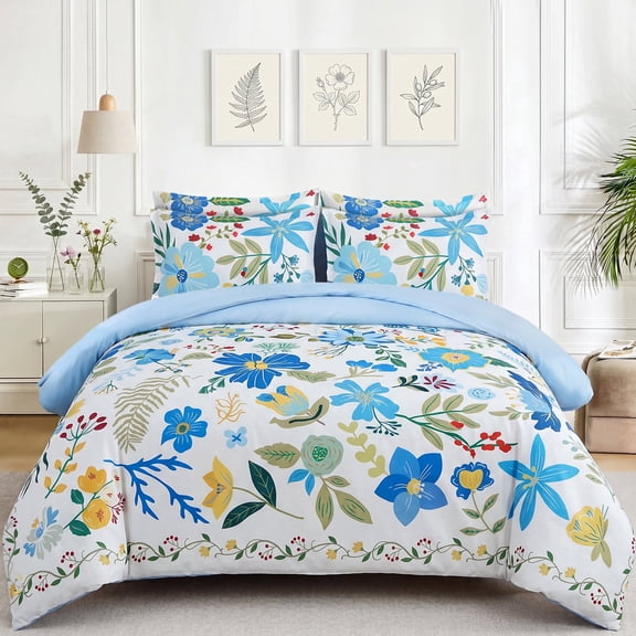 Enyhom Blue Bed in a Bag Floral Comforter Set Queen Size,7Piece Botanical Flower Comforter Soft Microfiber Bedding Set for All Season 90"x90"