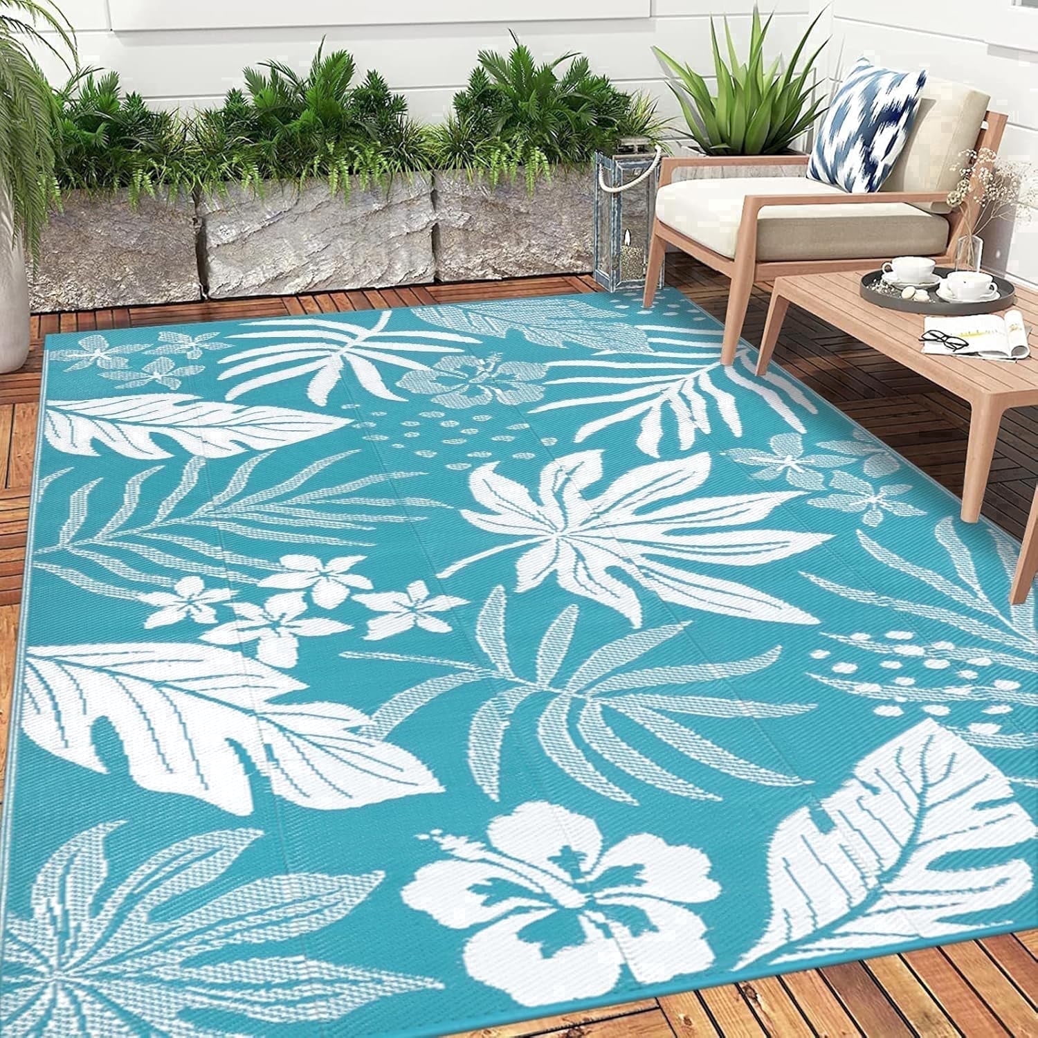 Enyhom Floral Waterproof Outdoor Rug 6'x9',Reversible Plastic Straw Patio Camping Rug for Camping Patio Picnic, Teal