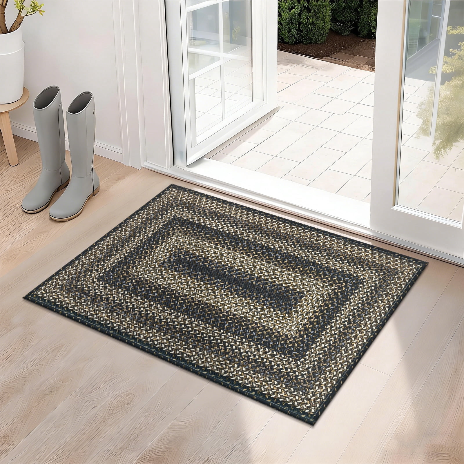 Enyhom Front Door Mat 24"x 36"Heavy Duty Durable Welcome Mat, Non-Slip Linen Fiber Suitable for Indoor and Outdoor Use, Water Absorbent and Stain Repellent, Black and Gold