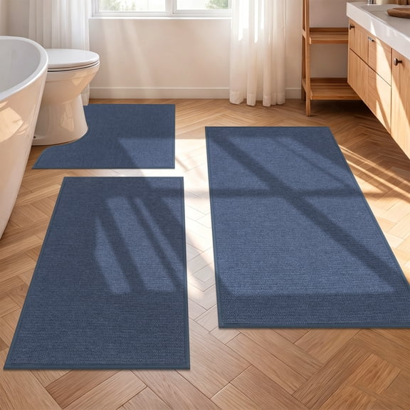Enyhom Bathroom Rugs Sets of 3, Absorbent Bath Mat Non Slip Washable Bath Floor Rugs, Blue