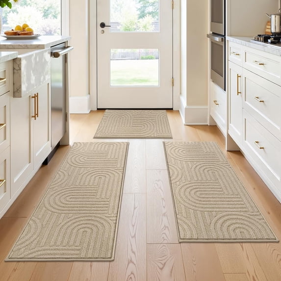 Enyhom Geometric High-low Cut Kitchen Rugs Sets of 3, Washable Nonslip Kitchen Mats for Floor, 20"x32"+20"x48"+20"x59", Beige