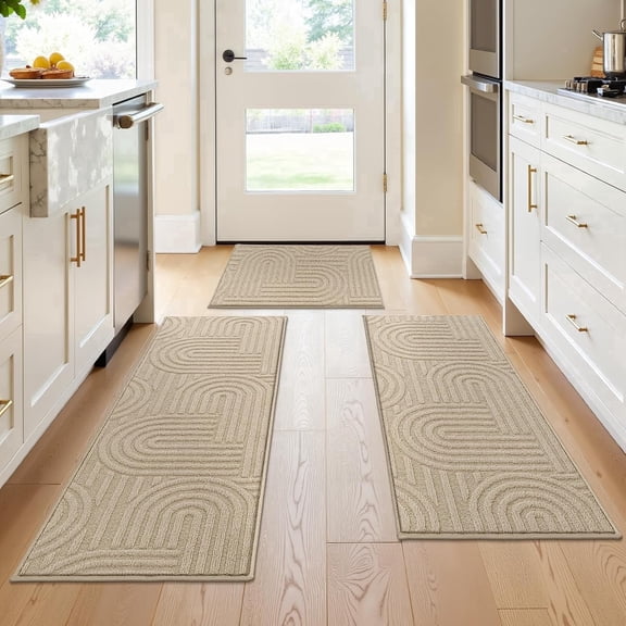 Enyhom Beige Geometric High-Low Cut Kitchen Rugs Sets of 3, Machine Washable Non Slip Kitchen Mats for Floor Absorbent and Stain Resistant Indoor Mat Rugs Bathroom Mat