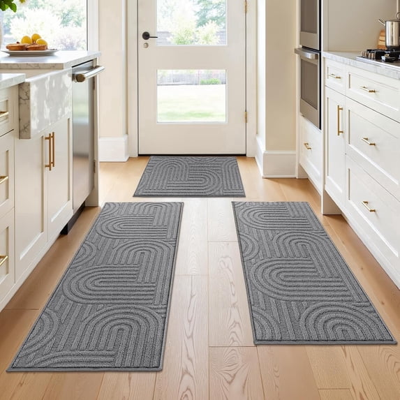 Enyhom Geometric High-low Cut Kitchen Rugs Sets of 3, Washable Nonslip Kitchen Mats for Floor, 20"x32"+20"x48"+20"x59", Gray