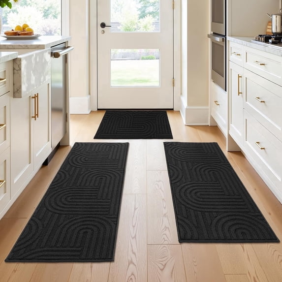 Enyhom Geometric High-low Cut Kitchen Rugs Sets of 3, Washable Nonslip Kitchen Mats for Floor, 20"x32"+20"x48"+20"x59", Black