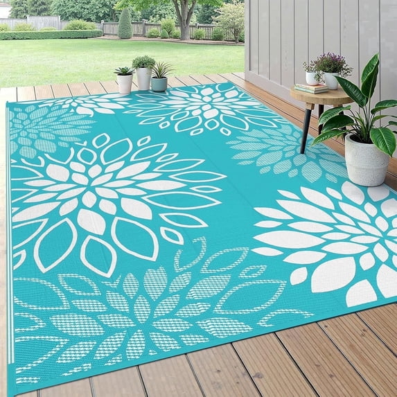 Enyhom Floral Waterproof Outdoor Rug 8'x10', Reversible Plastic Straw Patio Camping Rug for Camping Patio Picnic, Teal