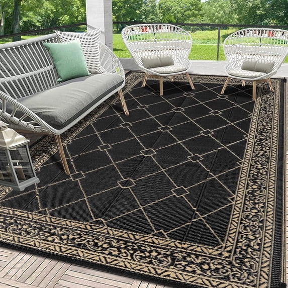 Enyhom Outdoor Rug Waterproof 6'x9', Reversible Plastic Straw Rug RV Camping Rug,Outside Carpet for Porch,Deck,Camper,Balcony,Backyard,Picnic,Black
