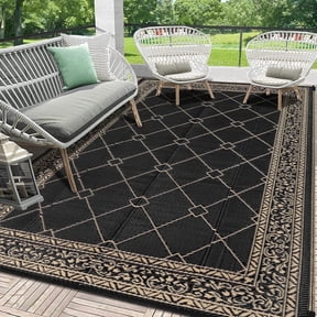 Enyhom Outdoor Rug Waterproof 6'x9', Reversible Plastic Straw Rug RV Camping Rug,Outside Carpet for Porch,Deck,Camper,Balcony,Backyard,Picnic,Black