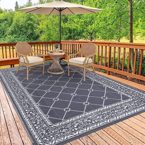 Enyhom Outdoor Rug Waterproof 8'x10', Reversible Plastic Straw Rug RV Camping Rug, Outside Carpet for Porch,Deck,Camper,Balcony,Backyard,Picnic,Gray