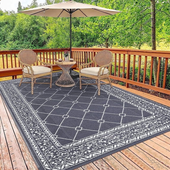 Enyhom Outdoor Rug Waterproof 8'x10', Reversible Plastic Straw Rug RV Camping Rug, Outside Carpet for Porch,Deck,Camper,Balcony,Backyard,Picnic,Gray