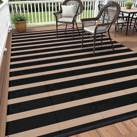 Enyhom Waterproof Outdoor Rug 5'x8', Reversible Striped Patio Rug, Plastic Straw Outdoor RV Carpet for Outsides, Patio, Camping, Balcony, RV and Deck, Black/Beige