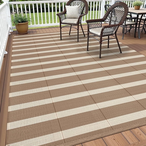 Enyhom Waterproof Outdoor Rug 5'x8', Reversible Striped Patio Rug, Plastic Straw Outdoor RV Carpet for Outsides, Patio, Camping, Balcony, RV and Deck, Brown/Beige