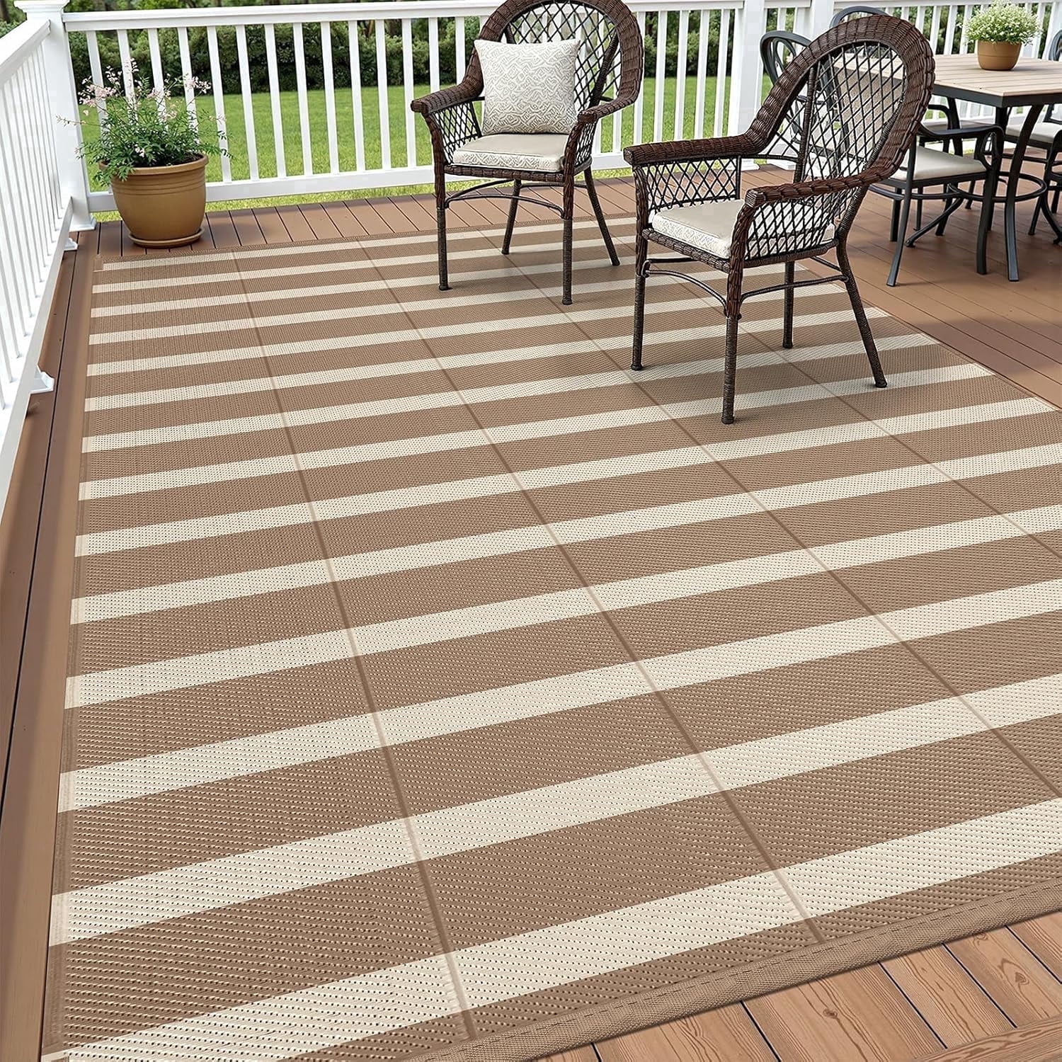Enyhom Waterproof Outdoor Rug 6'x9', Reversible Striped Patio Rug, Plastic Straw Outdoor RV Carpet for Outsides, Patio, Camping, Balcony, RV and Deck, Brown/Beige