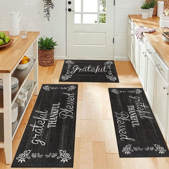 Enyhom Black Kitchen Rug Sets of 3 Non-Slip Kitchen Rug and Runner Washable Floor Mat for Kitchen, Laundry Room and Hallway,(20"x32"+20"x47"+20"x59")