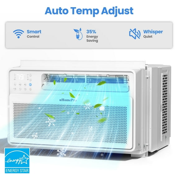 Uhomepro 10000 BTU Smart Inverter Window Air Conditioner, Cools 440 Sq.Ft with 4 Modes, Washable Filter, 35% Energy Saving, App/Remote and LED Control, 42 dB Noise for Living Room, Easy to Install