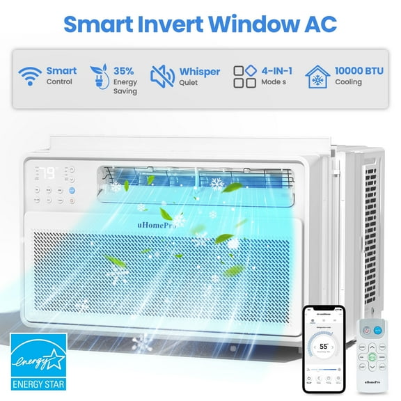 Uhomepro 10000 BTU Smart Inverter Window Air Conditioner, Cools 440 Sq.Ft with 4 Modes, Washable Filter, 35% Energy Saving, App/Remote and LED Control, 42 dB Noise for Living Room, Easy to Install