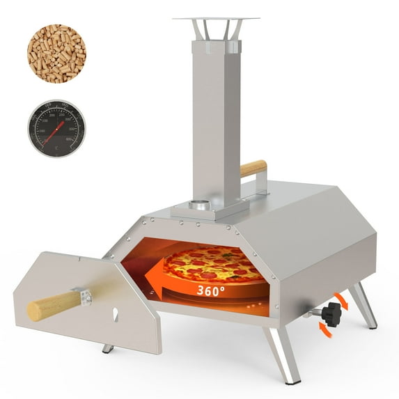 Enyopro 12" Portable Stainless Steel Pizza Oven, Wood Fired Pizza Maker with 360° Rotating Stone, Ash Tray, Thermometer and Foldable Legs, Pizza Cutter for Home, Patio and Camping