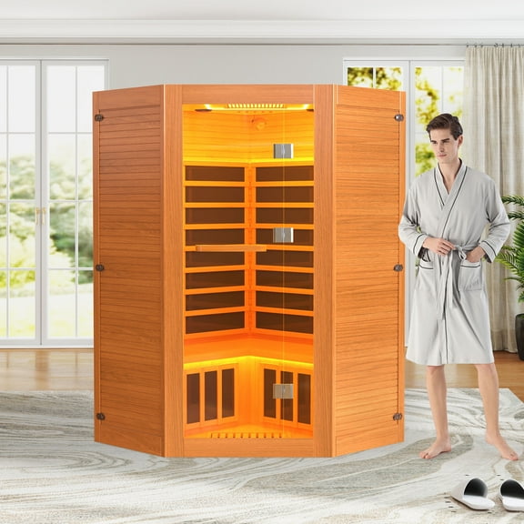 Enyopro 2-3 Person Home Sauna, Far Infrared Wooden Sauna Room, Canadian Hemlock Indoor Corner Sauna Spa, 2100W Fast Heating