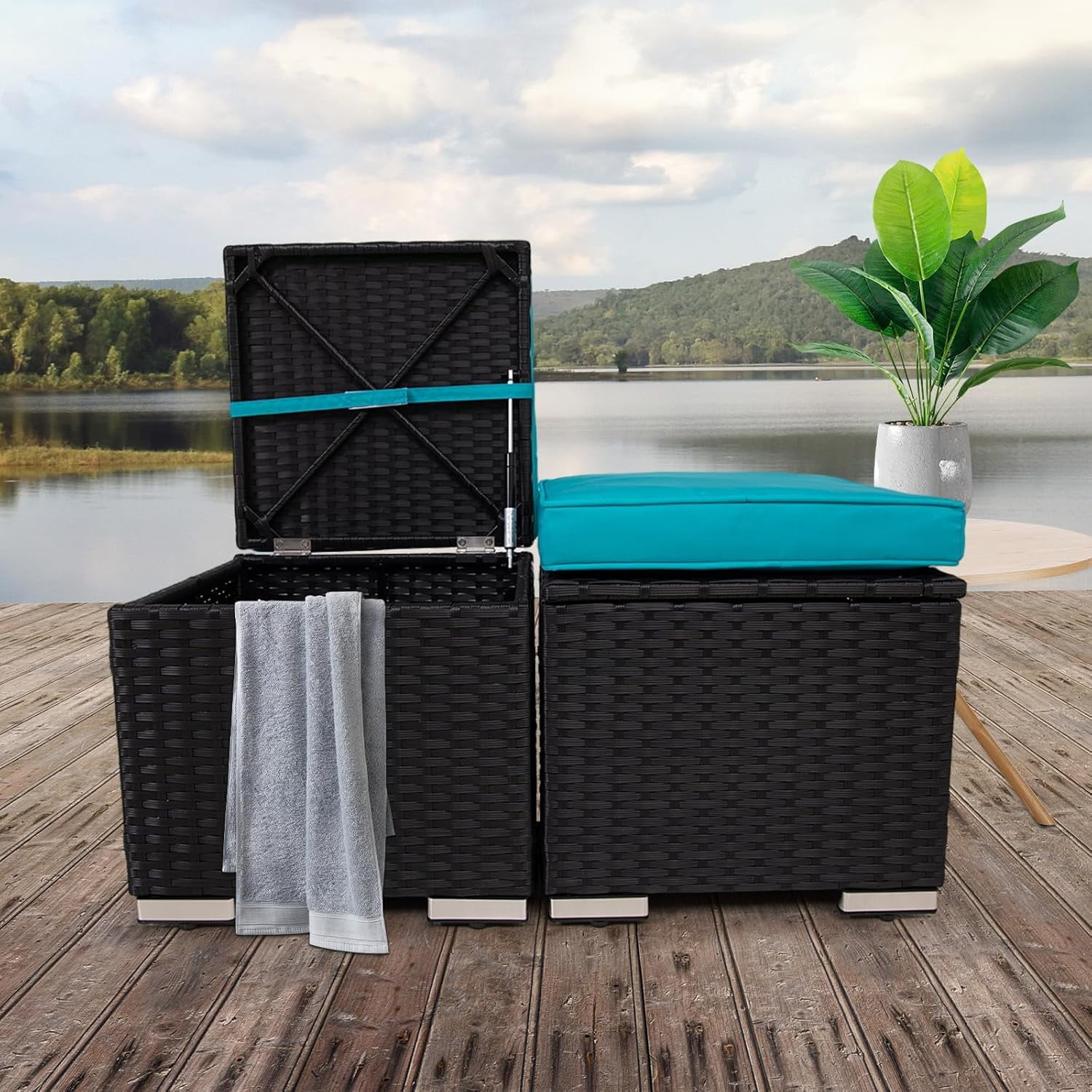Enyopro 2 Wicker Ottomans with Storage, Multipurpose Outdoor Rattan ...