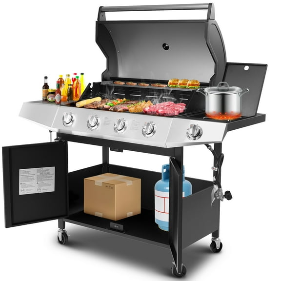 Enyopro 4 Burner Propane Gas Grill w/Side Burner, 50,000BTU Stainless Steel BBQ Grill with Brush, Built-in Thermometer, 4 Universal Wheels for Outdoor Cooking Patio Backyard