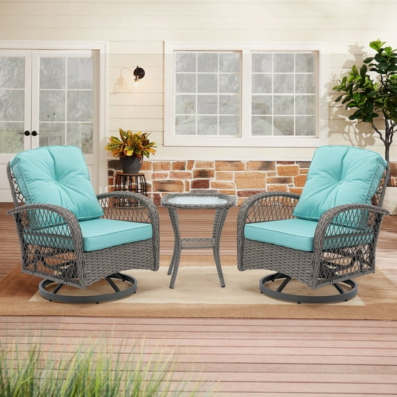 Enyopro 3 Pieces Patio Furniture Set, 360° Swivel Gliders Rocker, Wicker Patio Conversation Set with Thickened Cushions & Side Table for Pool Backyard Porch -Bule