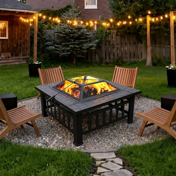 Enyopro 32" Outdoor Fire Pits, 3-in-1 Smokeless Metal Fire Pit for Outside with Poker, Mesh Lid, Rain Cover, Grill tongs, Fire Grate, Fire Bowl for Patio, Backyard, and Camping