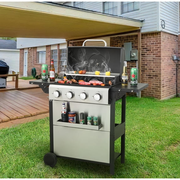 Enyopro 4 Burner Gas Grill, 37000 BTU Propane Gas Grill with 2 Universal Wheels, BBQ Grill for Outdoor Patio Camping