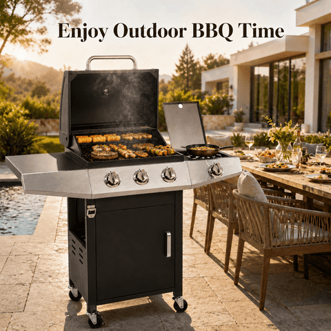 Enyopro 40000BTU Propane Gas Grill, 3 Burner Stainless Steel Barbecue Grill with Side Burner and Built-in Thermometer for Outdoor BBQ Patio Backyard