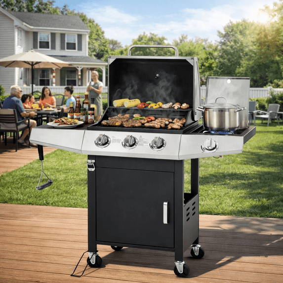 Enyopro 40000BTU Propane Gas Grill, 3 Burner Stainless Steel Barbecue Grill with Side Burner, Brush and Built-in Thermometer for Outdoor BBQ Patio Backyard