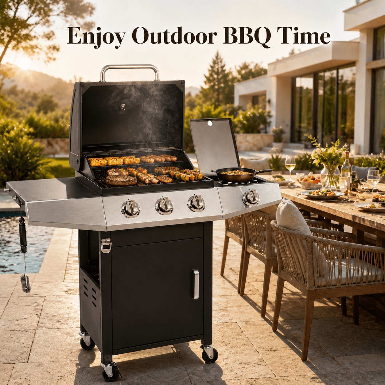 Enyopro 40000BTU Propane Gas Grill, 3 Burner Stainless Steel Barbecue Grill with Side Burner, Brush and Built-in Thermometer for Outdoor BBQ Patio Backyard