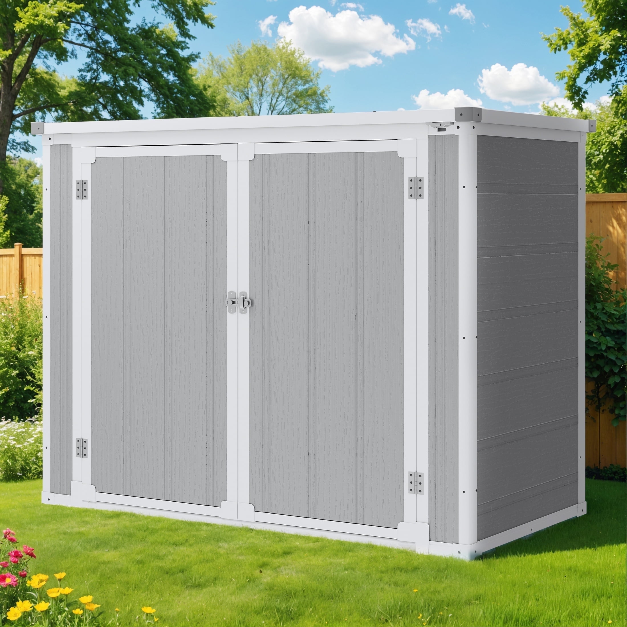 Waterproof Outdoor Shed 4.6x4.1 Ft Horizontal Outdoor Storage Shed - Resin Garden Shed With Lockable Doors For Tools & Trash Cans Horizontal Resin Storage Shed With Lockable Doors
