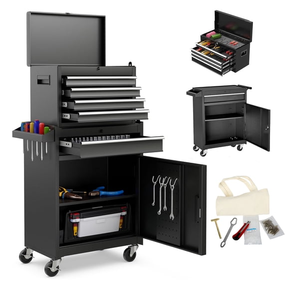 Enyopro 5-Drawer Rolling Tool Chest, Sliding Metal Drawer Tool Storage Cabinet, Tool Box with Brake Wheels, Black Detachable Tool Cart /w Tool Bag , Black