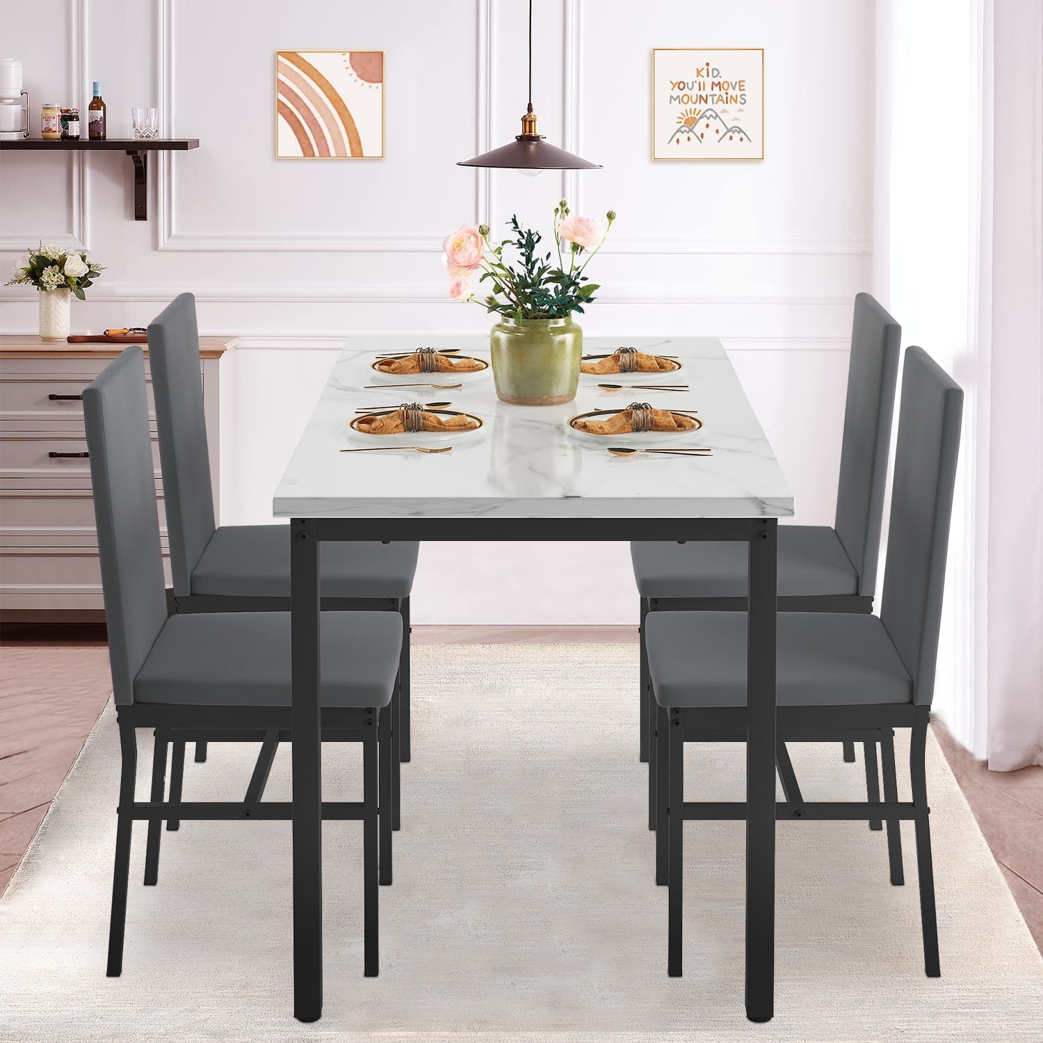 Enyopro 5-Piece Adult Modern Metal MDF Durable Dining Set Gray ...