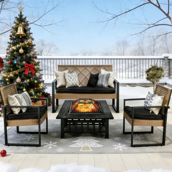 SESSLIFE 5-Piece Patio Furniture Set, Patio Dining Table and Chair with 32-inch Fire Pit, Outdoor Sofa Set with Cushions for Porch, Patio, Garden, Poolside, Brown