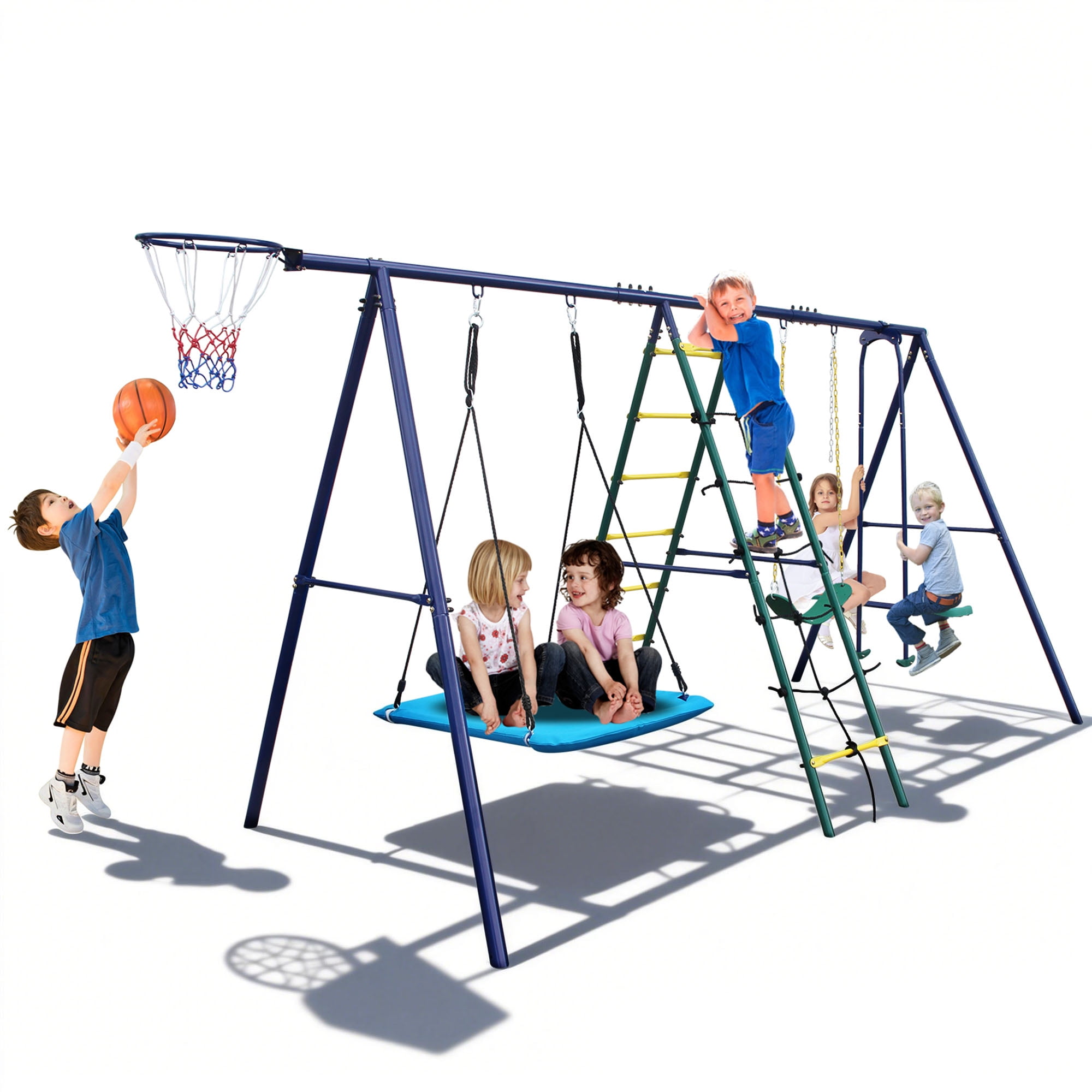 Sesslife 6-in-1 Swing Sets with Climbing Ladder, Face-to-Face Swing, Basketball Hoop, Soccer Net, and Suspended Rings, Outdoor Playground for Kids Ages 3+, Green