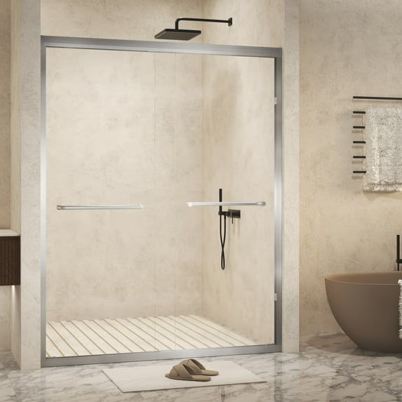 Enyopro 50-54" W x 72" H Aluminum Frame Double Sliding Show Door, Brushed Nickel Finish Shower Door w/6mm Tempered Glass, Explosion Proof Film, Stainless Steel handle, SCGG Certified