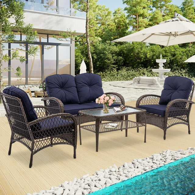 Enyopro 6 Pieces Outdoor Wicker Conversation Set, All-Weather Rattan Patio Furniture Set with Arm Chairs, Tempered Glass Table, Ottomans, Cushions, Sectional Sofa Set for Backyard Garden Pool, K2592